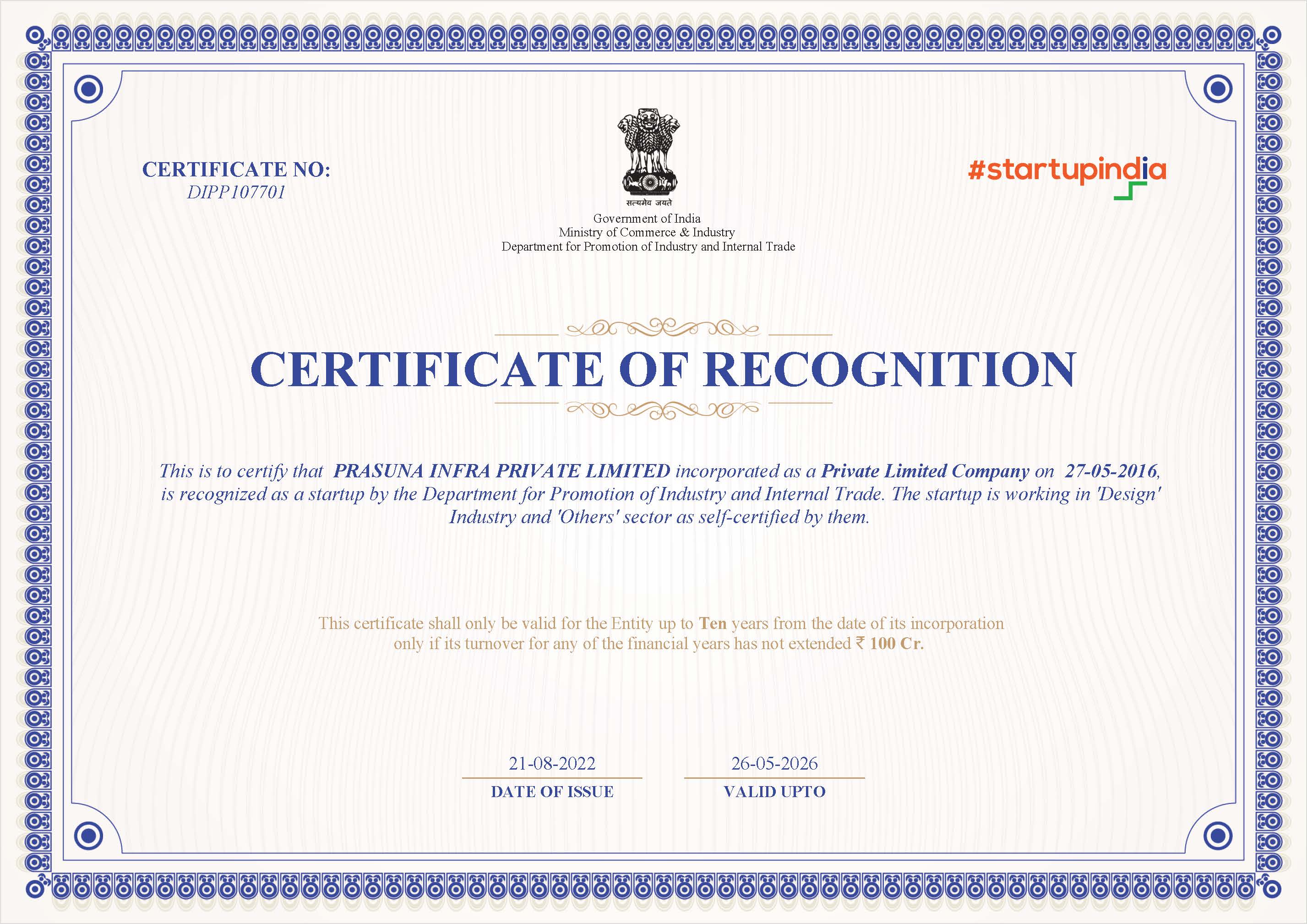 Startup Recognition Certificate